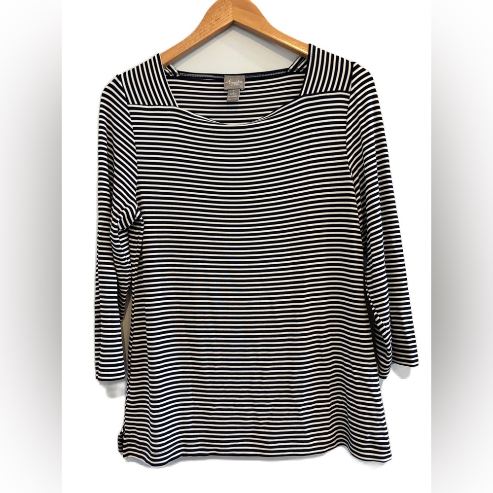 Chico’s Travelers Navy and White Square Neckline 3/4 Sleeve Top Size M/8